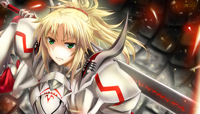 1girl, angry, armor, artist_name, blonde_hair, clarent, dated, fate/apocrypha