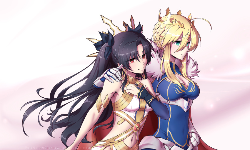 2girls, absurdres, artoria_pendragon_(all), artoria_pendragon_(lancer), black_hair, braid, breasts, cleavage, commentary_request, crown, fate/grand_order, fate_(series), frown, gauntlets, hair_ribbon, hand_on_another's_shoulder, highres, ishtar_(fate/grand_order), large_breasts, long_hair, multiple_girls, navel, priestessshizuka, red_eyes, ribbon, saber, small_breasts, smile, tohsaka_rin, two_side_up, watermark, web_address