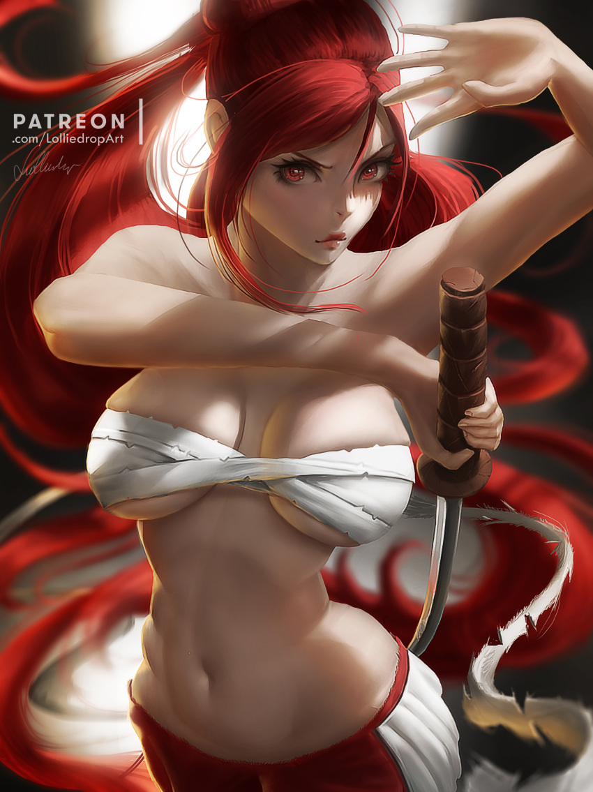 1girl, absurdres, arm_up, bandage, bare_arms, bare_shoulders, breasts, breasts_apart
