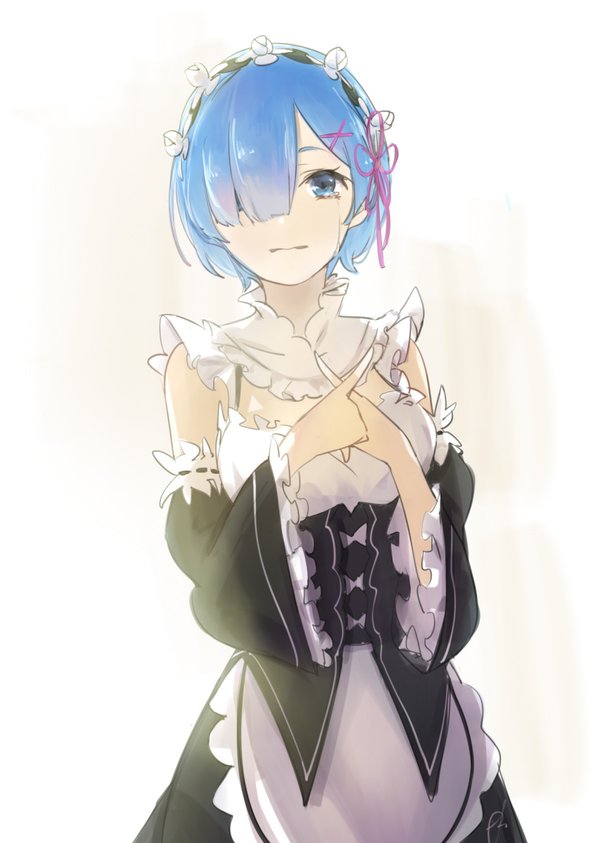 1girl, apron, blue_eyes, blue_hair, breasts, crossed_fingers, crying, crying_with_eyes_open