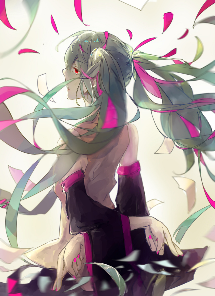 1girl, aqua_hair, arms_behind_back, crossed_arms, detached_sleeves, dress, falling_petals, floating_hair