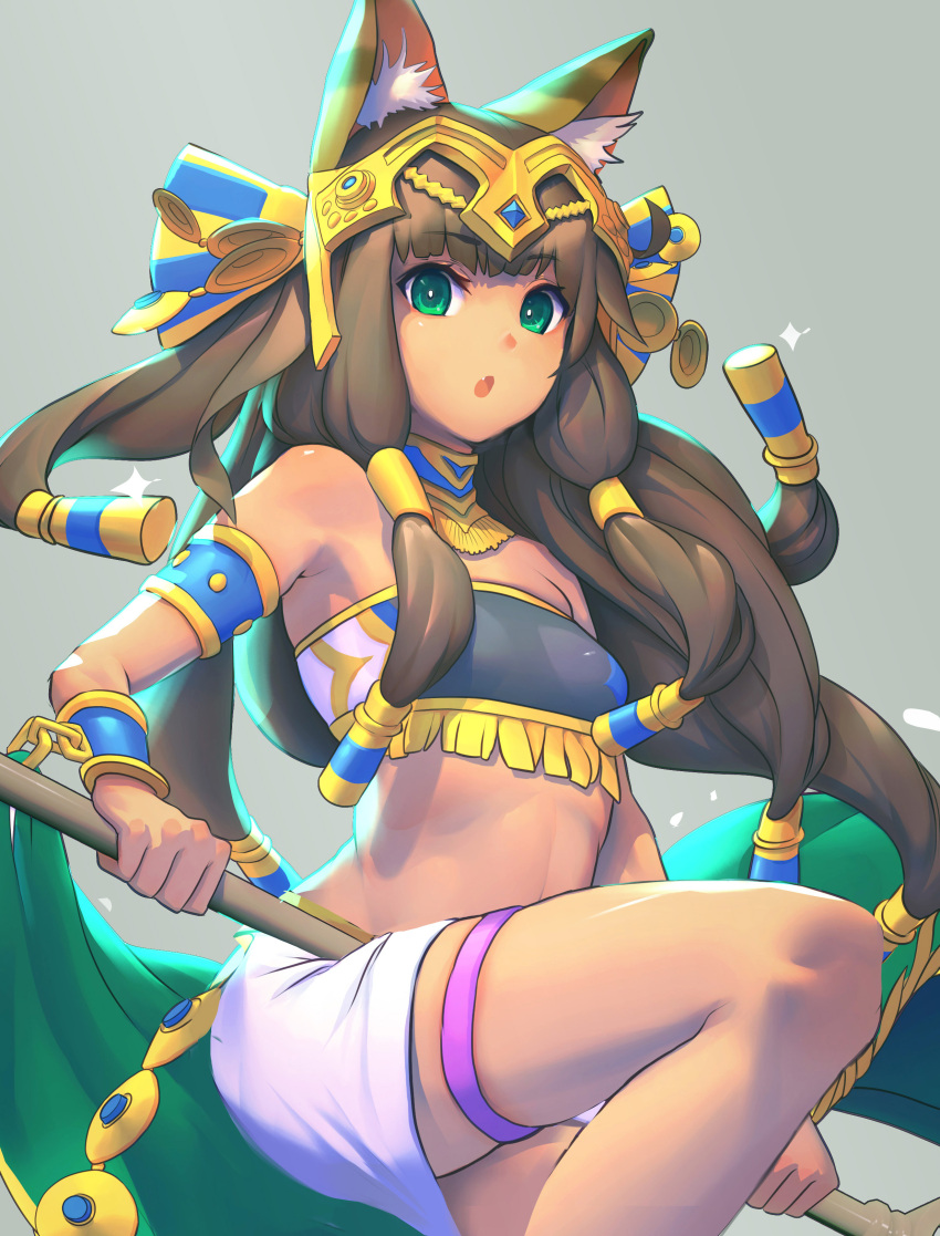 1girl, absurdres, animal_ears, bandeau, bangs, bastet_(p&amp;d), black_hair, bracelet