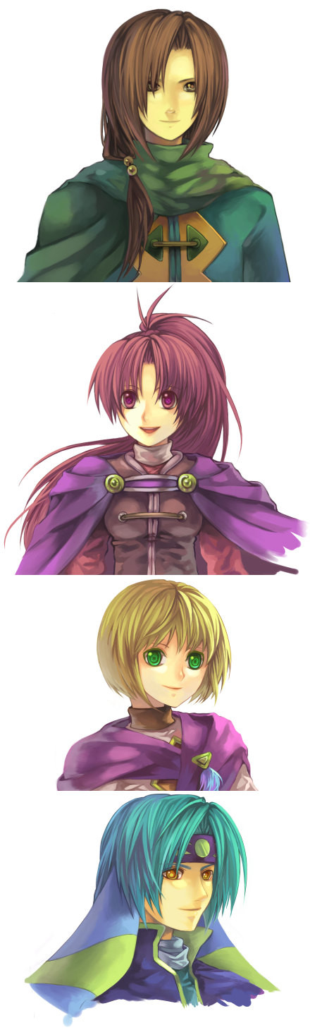 blue_hair, brown_hair, cape, felix_(golden_sun), garcia_(golden_sun), golden_sun, green_eyes, headband