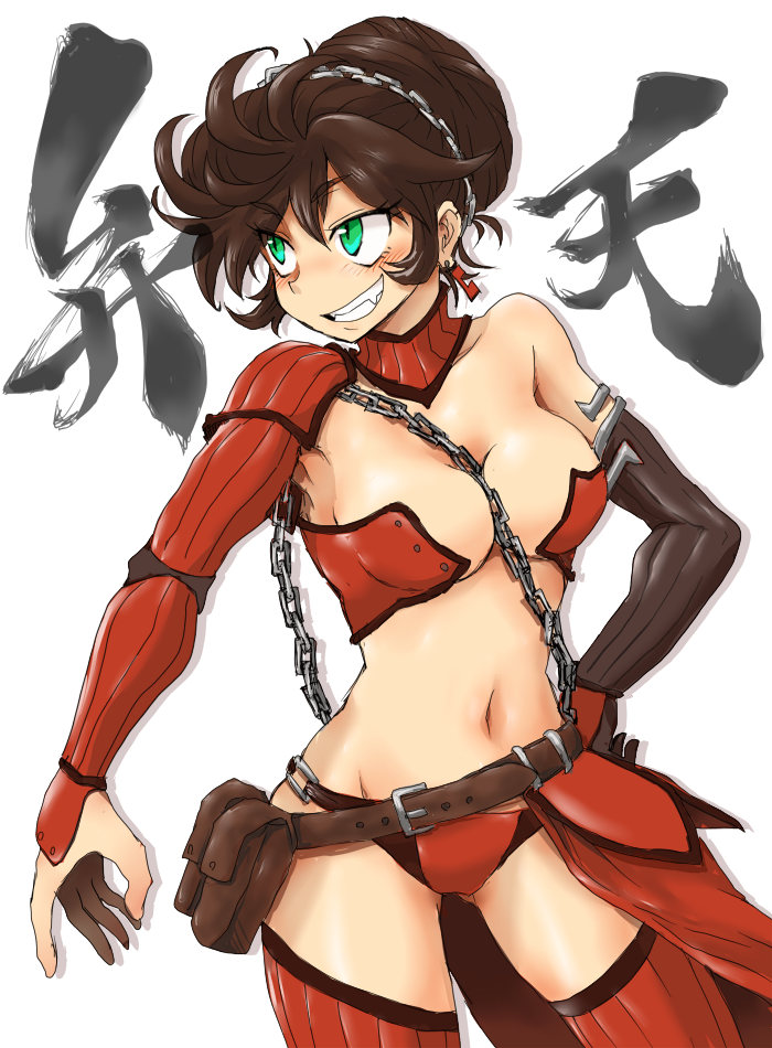 1girl, belt, belt_pouch, benten, between_breasts, blush, brown_hair, chains