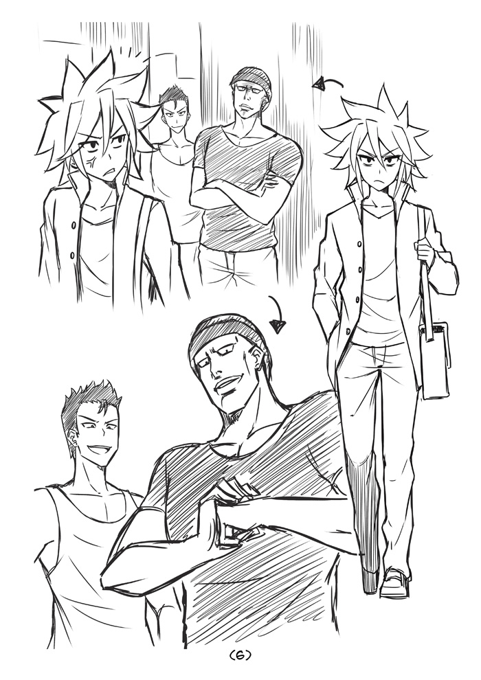 3boys, :d, anger_vein, bag, beanie, comic, crossed_arms, fist_in_hand