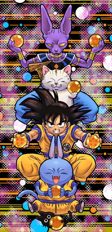 4boys, animal, bare_arms, beerus, black_cat, black_eyes, black_hair, blue_pants