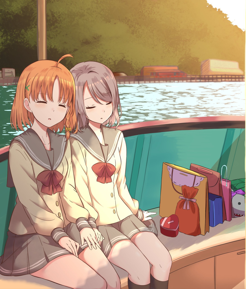 2girls, ahoge, bangs, birthday, black_legwear, blouse, blush, bow, bowtie, braid, buttons, closed_eyes, clover_hair_ornament, collarbone, commentary, eyelashes, gift_bag, grey_hair, grey_skirt, hair_ornament, hand_holding, heart-shaped_box, highres, horizontal_stripes, kneehighs, leaning_on_person, long_sleeves, love_live!, love_live!_sunshine!!, momose_oden, multiple_girls, open_mouth, orange_hair, parted_bangs, pleated_skirt, red_neckwear, ribbon, sailor_collar, school_uniform, serafuku, short_hair, side_braid, sitting, skirt, sleeping, sleeping_on_person, sleeping_upright, sleeve_cuffs, striped, striped_skirt, stuffed_animal, stuffed_shark, stuffed_toy, swept_bangs, takami_chika, thighs, uranohoshi_school_uniform, watanabe_you, water, yellow_ribbon