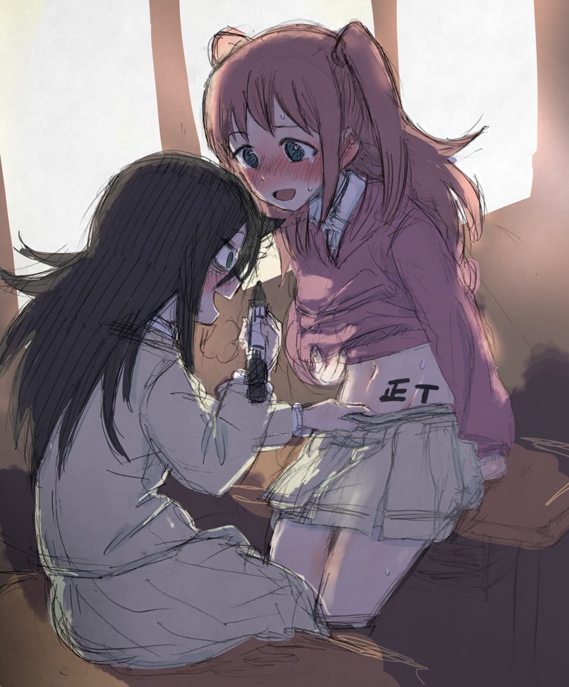 2girls, bangs, black_hair, blush, commentary_request, desk, green_eyes, haburashi