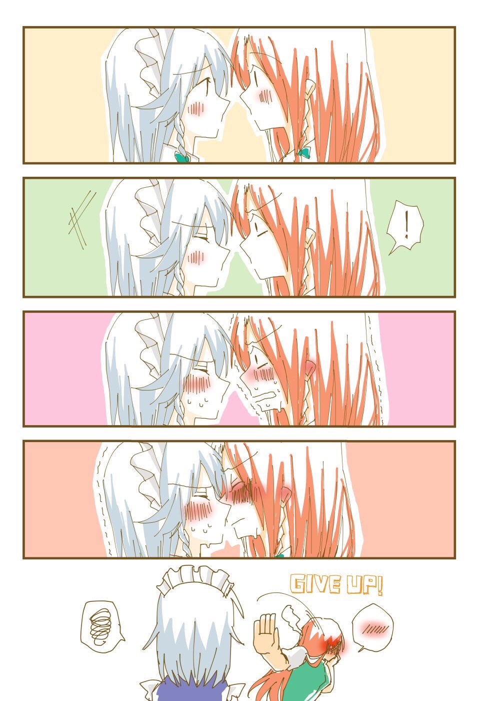 !, 2girls, blush, bow, braid, english, enpitsu_(enpitsu_4b), face-to-face