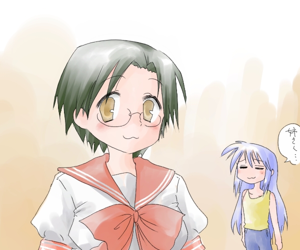 blue_hair, closed_eyes, glasses, izumi_konata, long_hair, lucky_star, narumi_yui, sasa90