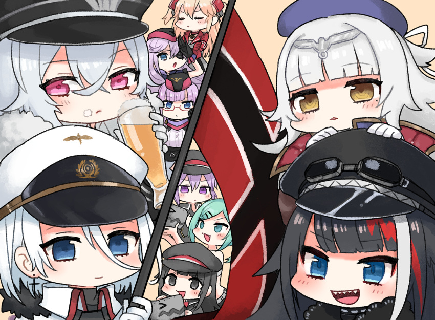 6+girls, :3, :d, :o, admiral_hipper_(azur_lane), alcohol, aqua_eyes, aqua_hair