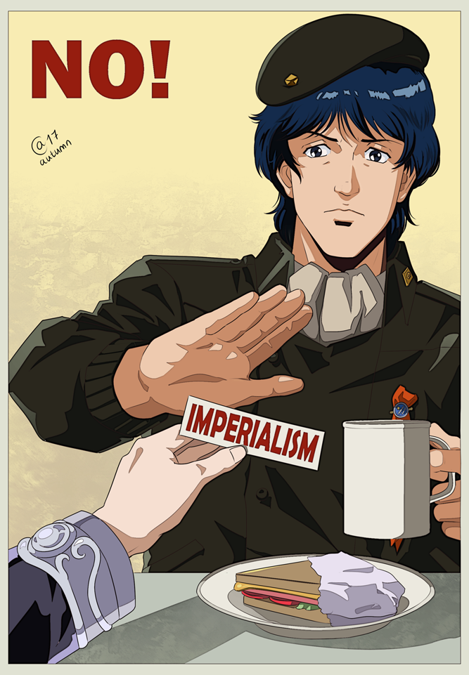 2boys, beret, black_eyes, blue_hair, cup, food, frown, ginga_eiyuu_densetsu