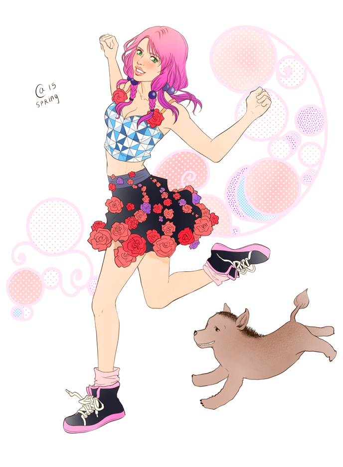 1girl, animal, braid, breasts, camisole, cleavage, collarbone, flower_skirt