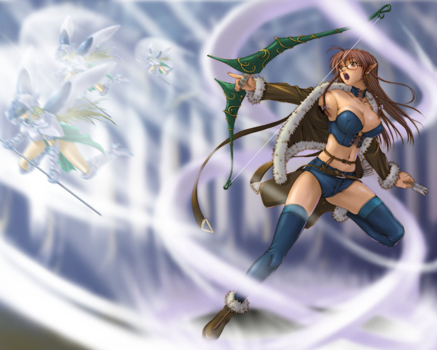 archer, bow, bow_(weapon), breasts, brown_eyes, brown_hair, bustier, cleavage
