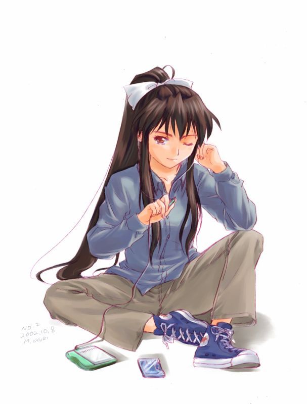 earbuds, earphones, hair_ribbon, hair_ribbons, headphones, long_hair, matsuoka_chie, no_socks