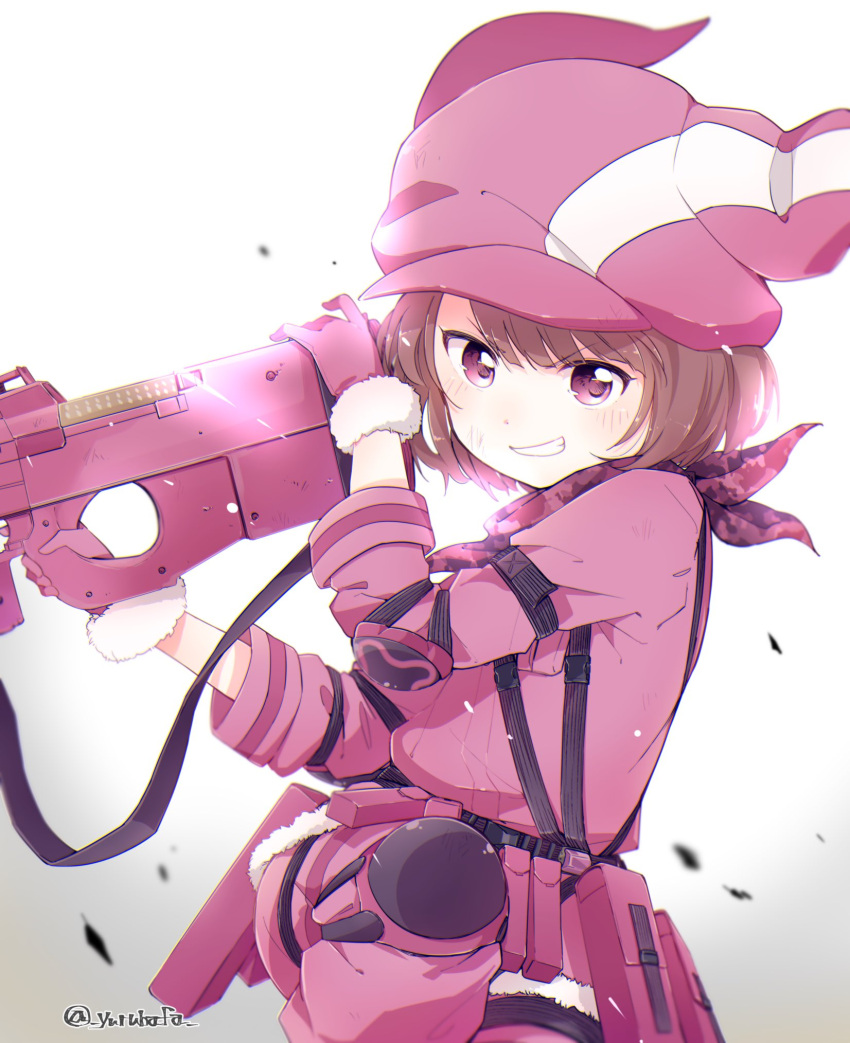 >:), 1girl, animal_ears, animal_hat, arm_strap, arm_up, artist_name, backlighting