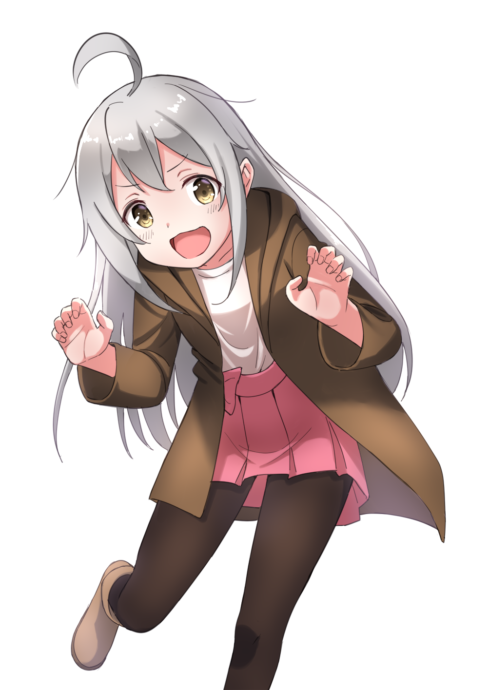 1girl, ahoge, bangs, black_legwear, blush, boots, brown_coat, brown_eyes