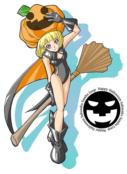 blonde_hair, boots, broom, cape, gloves, golden_sun, halloween, leotard