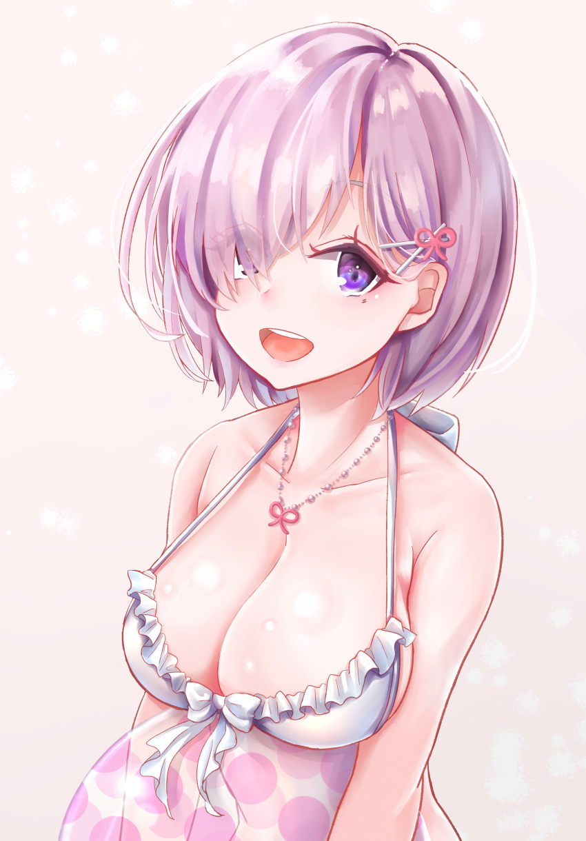 1girl, :d, absurdres, ball, bikini, bikini_top, bow, breasts, cleavage, fate/grand_order, fate_(series), hair_bow, hair_over_one_eye, hayashi_takeo, highres, jewelry, large_breasts, lavender_hair, looking_at_viewer, mash_kyrielight, necklace, open_mouth, pink_bow, polka_dot, short_hair, smile, solo, swimsuit, upper_body, violet_eyes, white_bikini, white_bow
