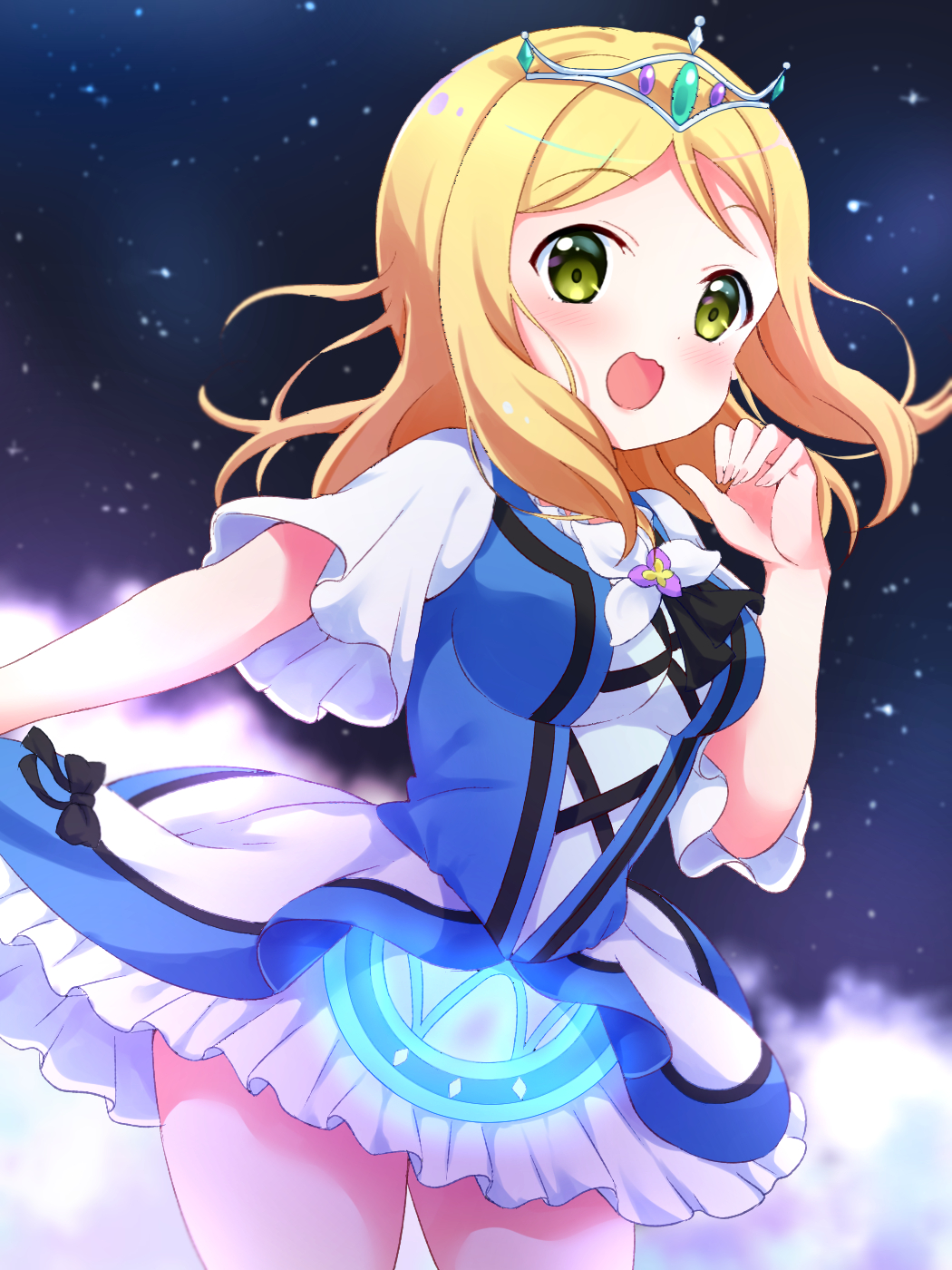 1girl, :d, black_bow, blonde_hair, blush, bow, cowboy_shot, cross-laced_clothes