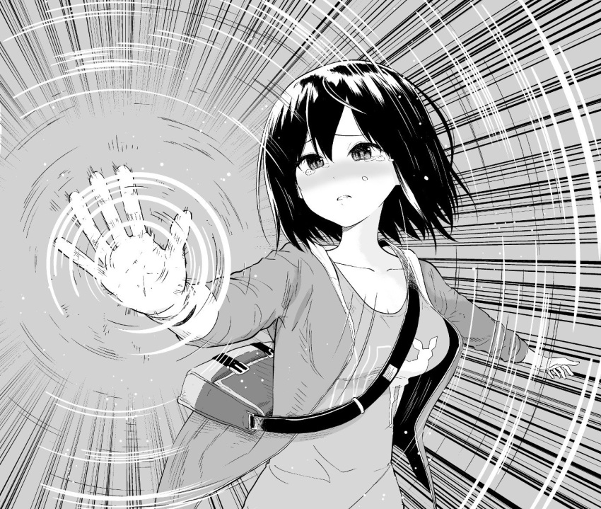1girl, carrying, commentary_request, crying, crying_with_eyes_open, energy, frown, greyscale