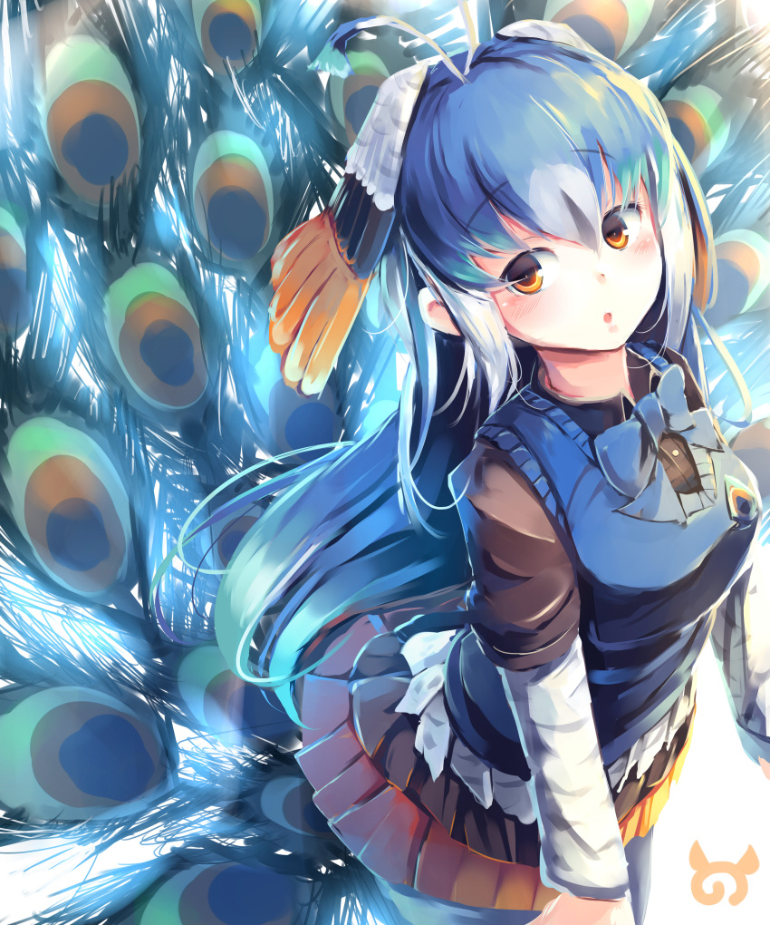 1girl, absurdres, antenna_hair, blue_hair, blue_neckwear, blush, bow, bowtie