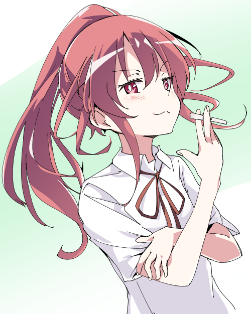 1girl, :3, arm_grab, atago_hiroe, between_fingers, black_ribbon, dress_shirt, eyebrows_visible_through_hair, hair_ribbon, himematsu_school_uniform, holding, ixy, long_hair, looking_at_viewer, mahjong, neck_ribbon, ponytail, red_eyes, red_ribbon, redhead, ribbon, saki, shirt, short_sleeves, smile, smug, solo, standing, wing_collar