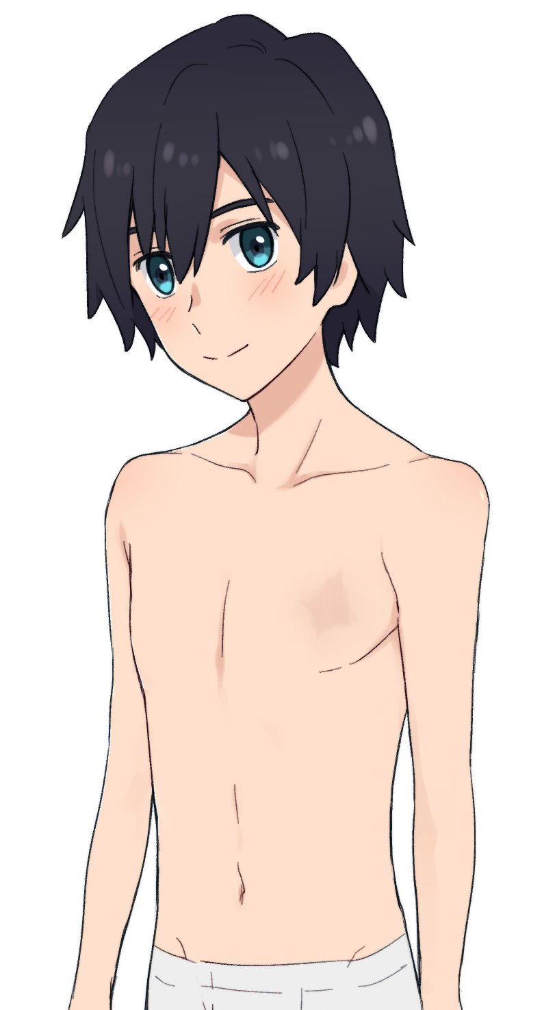 1boy, bangs, black_hair, blue_eyes, blush, chest_scar, commentary, darling_in_the_franxx
