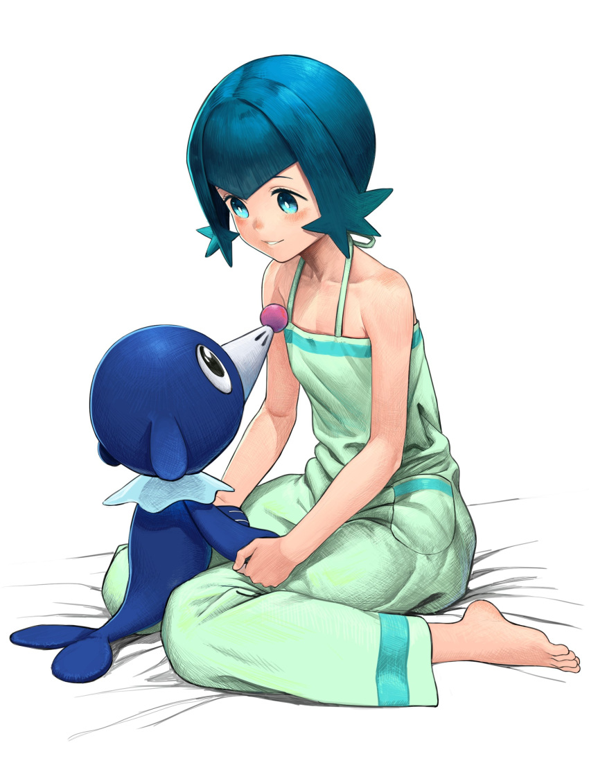 1girl, absurdres, bare_arms, bare_shoulders, barefoot, bed_sheet, blue_eyes, blue_hair