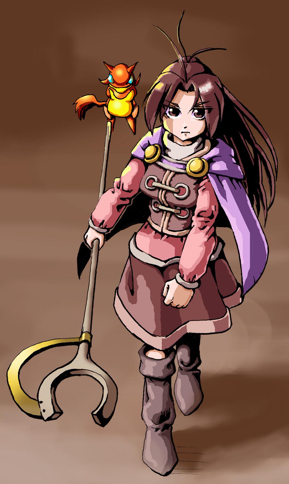 boots, cape, golden_sun, highres, jasmine_(golden_sun), long_hair, monster, nara_hashi_chuukai, skirt, staff