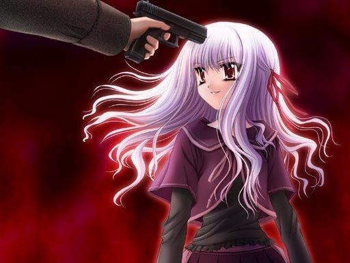 gore_screaming_show, purple_hair, red_eyes, ribbons, yuka