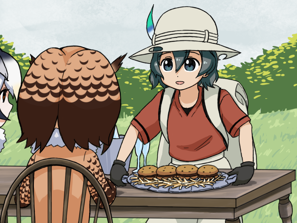 3girls, :d, backpack, bag, black_eyes, black_gloves, black_hair, brown_eyes, bucket, day, drawfag, eurasian_eagle_owl_(kemono_friends), food, french_fries, fur_collar, gloves, grass, grey_hat, hair_between_eyes, hamburger, hat_feather, head_wings, helmet, holding, kaban_(kemono_friends), kemono_friends, long_sleeves, looking_at_another, meme, multiple_girls, northern_white-faced_owl_(kemono_friends), open_mouth, outdoors, pith_helmet, red_shirt, shirt, short_hair, short_sleeves, sitting, smile, standing, steamed_hams, the_simpsons, tray