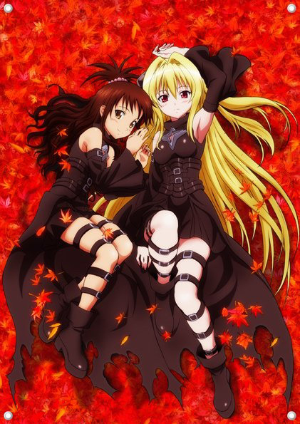 armpits, blonde_hair, boots, brown_hair, cosplay, detached_sleeves, golden_darkness, golden_darkness_(cosplay), high_ponytail, konjiki_no_yami, konjiki_no_yami_(cosplay), long_hair, lying, multiple_girls, thigh_strap, to_love-ru, toloveru, top_ponytail, yuuki_mikan