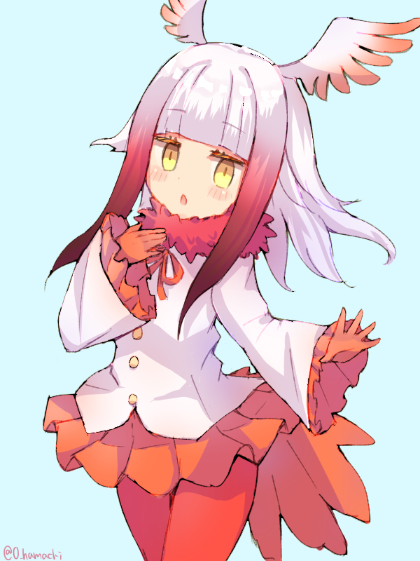 1girl, bangs, bird_tail, bird_wings, blush, buttons, commentary_request, cowboy_shot