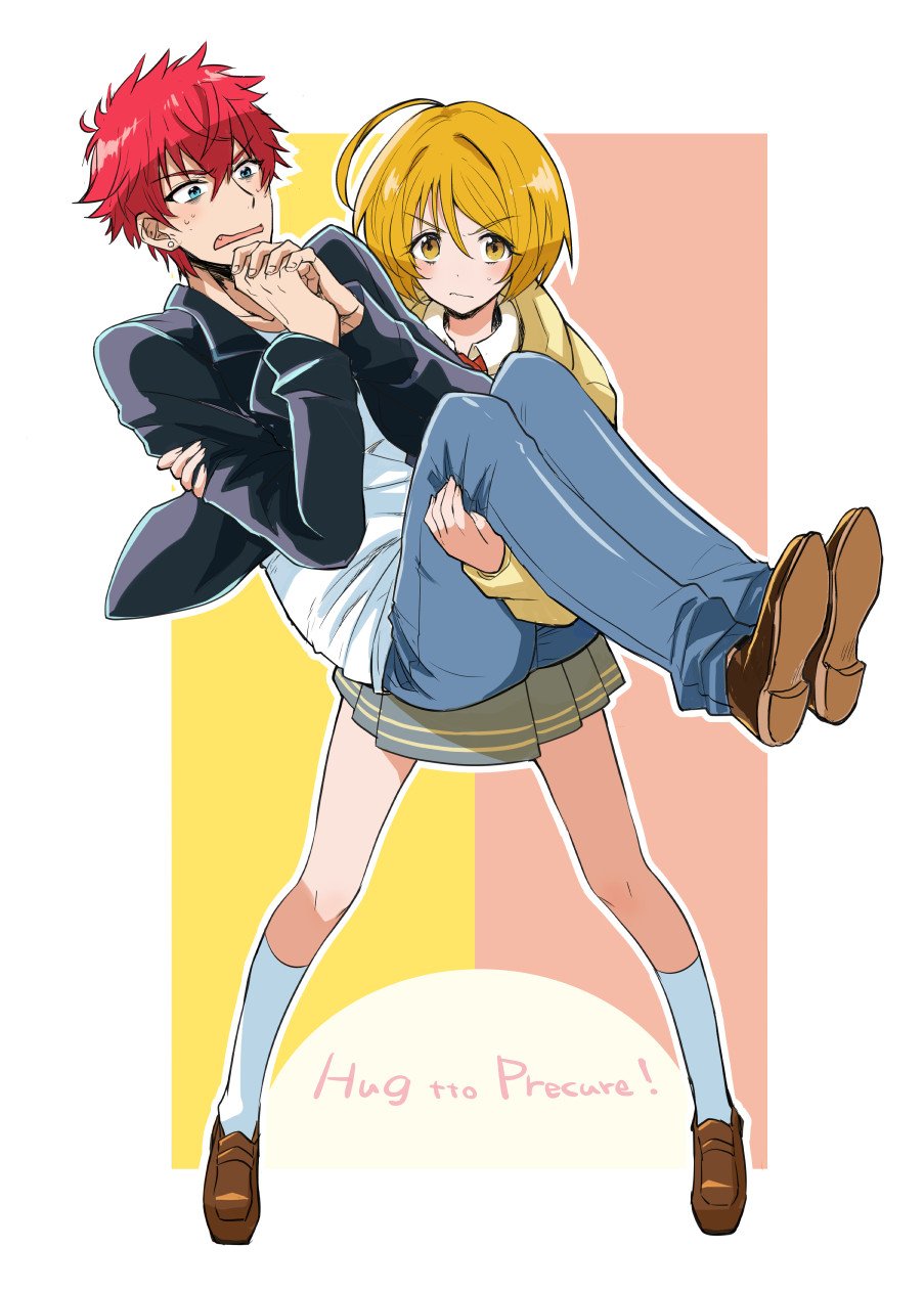 1boy, 1girl, ahoge, aqua_eyes, blonde_hair, blush, carrying, copyright_name, fang, harryham_harry, highres, himukai_yuusuke, hugtto!_precure, jacket, kagayaki_homare, kneehighs, l'avenir_academy_uniform, long_sleeves, precure, princess_carry, redhead, role_reversal, school_uniform, short_hair, skirt, sweatdrop, white_legwear, yellow_eyes