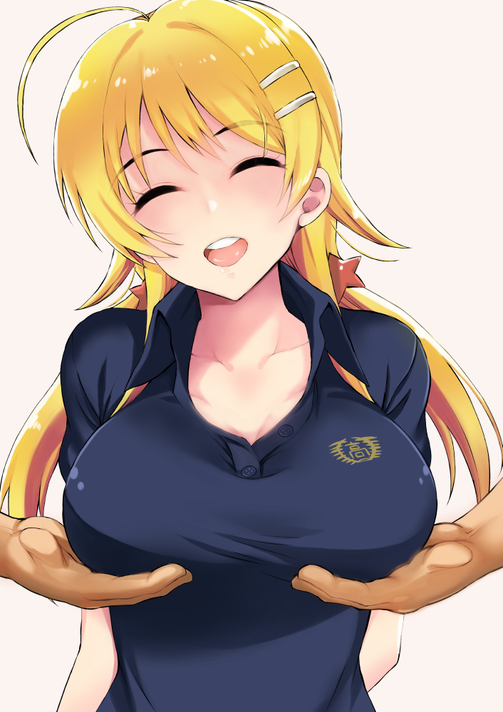 1girl, ahoge, bangs, blonde_hair, blue_shirt, blush, breast_grab, breasts