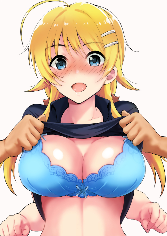 1girl, ahoge, bangs, blonde_hair, blue_bra, blue_eyes, blue_shirt, blush