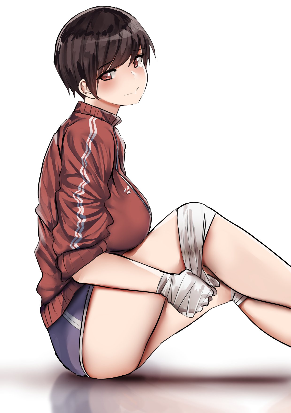 1girl, bandage, bandaged_hands, bandaged_knees, blue_shorts, breasts, brown_eyes, brown_hair, commentary, eyebrows_visible_through_hair, from_side, gym_uniform, highres, jacket, large_breasts, legs, looking_at_viewer, norman_maggot, ol-chan_(norman_maggot), original, pixie_cut, reflection, short_hair, short_shorts, shorts, simple_background, sitting, sleeves_pushed_up, smile, solo, thighs, track_jacket