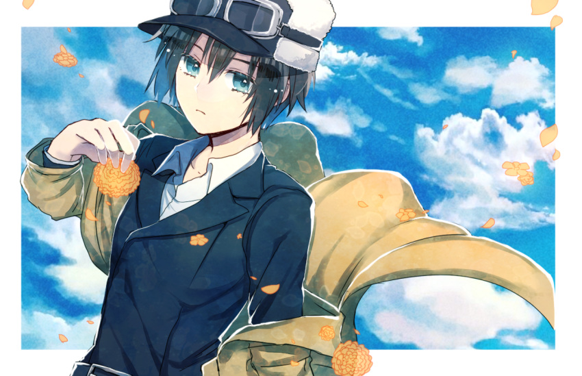 1girl, :c, androgynous, aqua_eyes, aqua_jacket, beige_coat, black_hat, closed_mouth