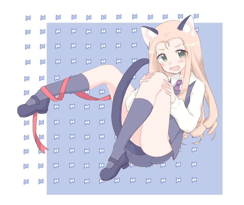 1girl, aaru_(kerogero1582), animal_ears, bc_freedom_school_uniform, black_footwear, black_legwear, black_skirt, black_vest, blonde_hair, blue_background, blue_neckwear, cat_ears, cat_tail, commentary, diagonal_stripes, dress_shirt, drill_hair, fang, floating, girls_und_panzer, green_eyes, highres, kemonomimi_mode, leg_hug, legs, long_hair, looking_at_viewer, lying, marie_(girls_und_panzer), mary_janes, miniskirt, necktie, on_back, open_mouth, pleated_skirt, red_neckwear, red_ribbon, ribbon, school_uniform, shirt, shoes, skirt, smile, socks, solo, striped, striped_neckwear, tail, vest, white_shirt, wing_collar