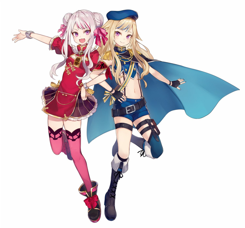 2girls, :3, :d, arm_up, armband, bangs, belt, beret, black_footwear, black_skirt, blonde_hair, blue_hair, blue_shorts, boots, bracelet, braid, breasts, buttons, cape, china_dress, chinese_clothes, closed_mouth, commentary, double_bun, dress, epaulettes, eyebrows_visible_through_hair, fangs, frilled_dress, frills, full_body, garter_straps, hair_ribbon, hat, highlights, highres, hime_channel, hime_hina_channel, jewelry, leg_strap, long_hair, looking_at_viewer, midriff, miniskirt, mismatched_legwear, multicolored_hair, multiple_girls, navel, official_art, open_mouth, outstretched_arm, pelvic_curtain, pink_hair, pink_legwear, pink_ribbon, pleated_skirt, purple_hair, purple_ribbon, red_dress, ribbon, sash, short_sleeves, shorts, shugao, sidelocks, silver_hair, simple_background, skirt, sleeveless, small_breasts, smile, standing, streaked_hair, suspender_shorts, suspenders, suzuki_hina, swept_bangs, tanaka_hime, thigh-highs, tsurime, violet_eyes, virtual_youtuber, white_background