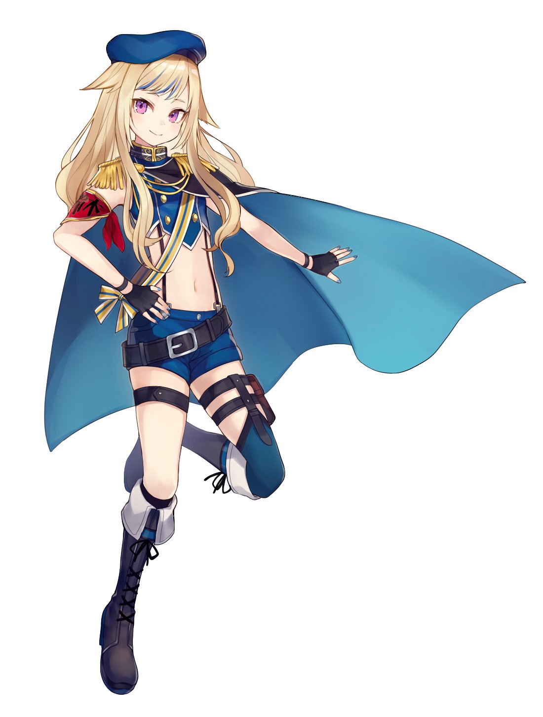 1girl, armband, bangs, belt, beret, blonde_hair, blue_hair, blue_shorts, boots, buttons, cape, closed_mouth, commentary, epaulettes, full_body, hat, highlights, highres, hime_hina_channel, leg_strap, long_hair, looking_at_viewer, midriff, mismatched_legwear, multicolored_hair, navel, official_art, sash, shorts, shugao, sleeveless, smile, solo, suspender_shorts, suspenders, suzuki_hina, violet_eyes, virtual_youtuber