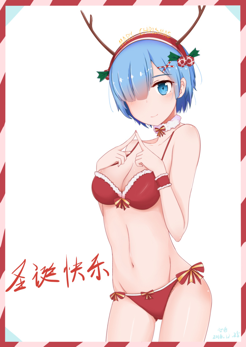 1girl, absurdres, artist_name, bangs, blue_eyes, blue_hair, blush, border, bow, bow_bra, bow_panties, bra, bracelet, breasts, chinese, chinese_commentary, cleavage, closed_mouth, commentary_request, cowboy_shot, crotch_seam, dated, engrish, fake_antlers, fingers_together, fur-trimmed_bra, fur_collar, gift, gluteal_fold, hair_ornament, hair_over_one_eye, highres, holly, jewelry, lace, lace-trimmed_panties, looking_at_viewer, medium_breasts, merry_christmas, misaka_(2394428643), panties, ranguage, re:zero_kara_hajimeru_isekai_seikatsu, red_border, red_bra, red_panties, rem_(re:zero), short_hair, smile, solo, standing, translation_request, underwear, x_hair_ornament