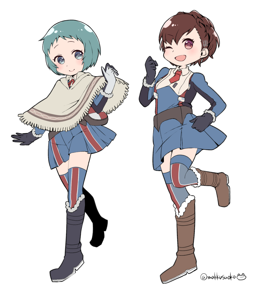 1girl, alicia_melchiott, aqua_hair, blue_eyes, blue_hair, blush, brown_eyes, brown_hair, do_m_kaeru, inoue_marina, isara_gunther, military, military_uniform, multiple_girls, noto_mamiko, persona, persona_3, ribbon, school_uniform, seiyuu_connection, senjou_no_valkyria, short_hair, skirt, smile, takeba_yukari, uniform, yamagishi_fuuka