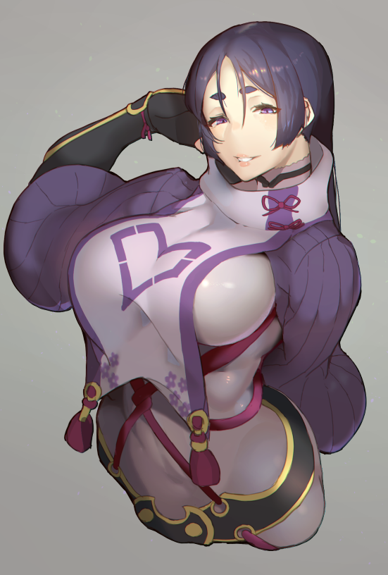 1girl, bangs, black_gloves, bodysuit, breasts, fate/grand_order, fate_(series), fingerless_gloves, gloves, large_breasts, long_hair, minamoto_no_raikou_(fate/grand_order), mirukia, parted_bangs, purple_bodysuit, purple_hair, ribbed_sleeves, rope, solo, tabard, very_long_hair, violet_eyes