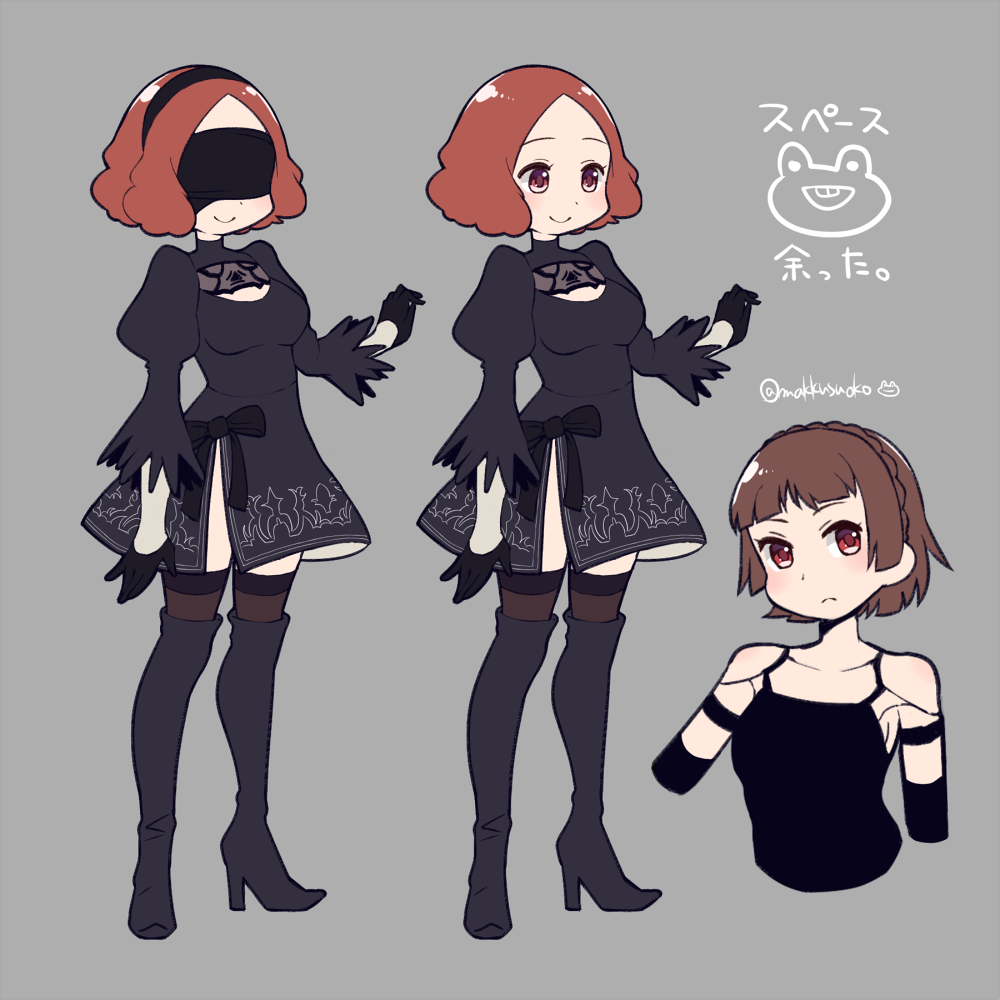 1girl, black_dress, black_legwear, blindfold, blush, breasts, brown_eyes, brown_hair, cosplay, do_m_kaeru, dress, gloves, hairband, looking_at_viewer, nier_(series), nier_automata, niijima_makoto, okumura_haru, persona, persona_5, puffy_sleeves, short_hair, smile, solo, thigh-highs, yorha_no._2_type_b, yorha_no._2_type_b_(cosplay), yorha_type_a_no._2, yorha_type_a_no._2_(cosplay)