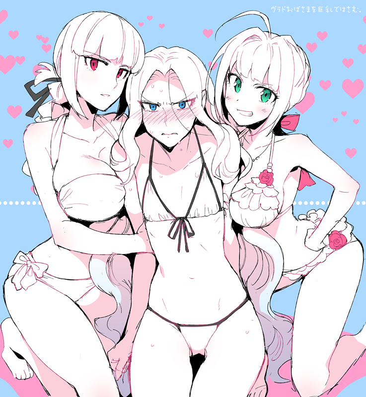 3girls, ahoge, bikini, black_ribbon, blue_eyes, blush, breasts, cleavage, dripping, embarrassed, fate/apocrypha, fate/extra, fate/grand_order, fate_(series), florence_nightingale_(fate/grand_order), genderswap, genderswap_(mtf), green_eyes, grin, hair_ribbon, hand_on_hip, heart, heart_background, koshiro_itsuki, long_hair, looking_at_viewer, multiple_girls, nero_claudius_(fate), nero_claudius_(fate)_(all), partially_colored, red_eyes, ribbon, saber_extra, smile, sweat, sweating, swimsuit, very_long_hair, vlad_iii_(fate/apocrypha)