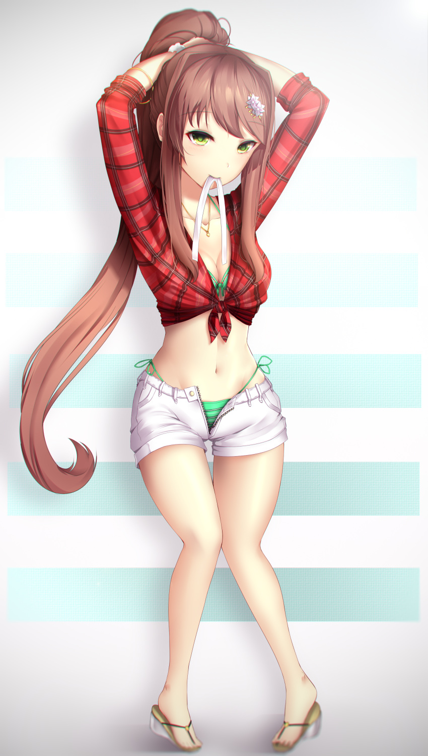 1girl, absurdres, alternate_costume, arms_up, bikini, bikini_under_clothes, breasts, brown_hair