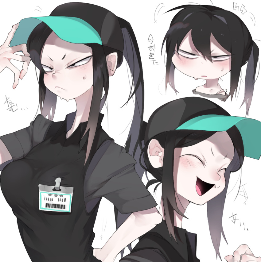1girl, :d, ^_^, bangs, baseball_cap, black_eyes, black_hair, black_hat, black_vest, blush, breasts, closed_eyes, closed_mouth, constricted_pupils, frown, g_perarikku, grey_shirt, hair_between_eyes, hand_on_headwear, hand_on_hip, hat, large_breasts, long_hair, messy_hair, name_tag, open_mouth, original, pale_skin, parted_bangs, ponytail, sanpaku, shirt, short_sleeves, sidelocks, simple_background, smile, solo, sweat, tongue, translated, v-shaped_eyebrows, vest, white_background