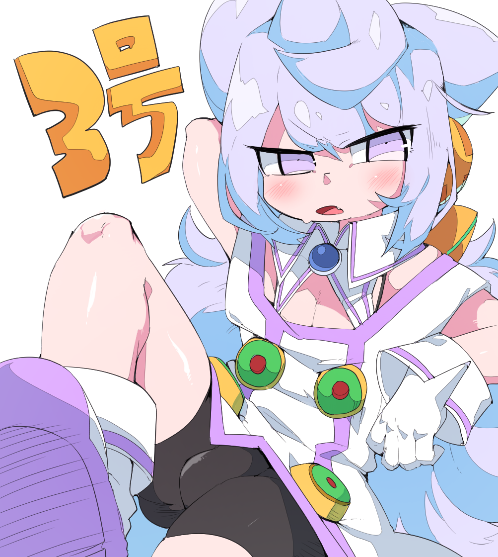 1boy, arm_behind_head, arm_up, bangs, bike_shorts, black_shorts, blush, boots, brooch, bulge, character_name, crossdressinging, detached_collar, dress, g_perarikku, gloves, gluteal_fold, hacka_doll, hacka_doll_3, hair_between_eyes, hair_ornament, jewelry, lavender_hair, leg_up, long_hair, shorts, simple_background, sitting, solo, tongue, trap, uneven_eyes, very_long_hair, violet_eyes, white_background, white_dress, white_footwear, white_gloves